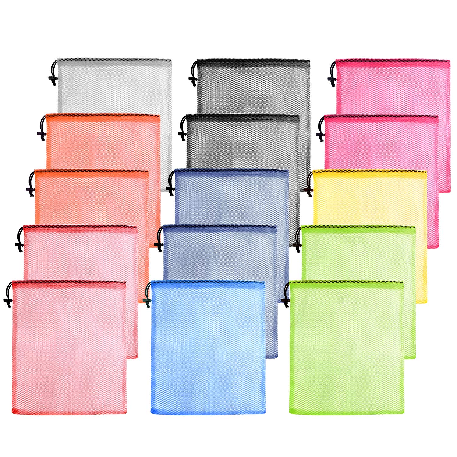 KUUQA 15 Pcs Mesh Drawstring Bags, Nylon Mesh Stuff Sacks for Storage, Travel, Sports (9 Colors)