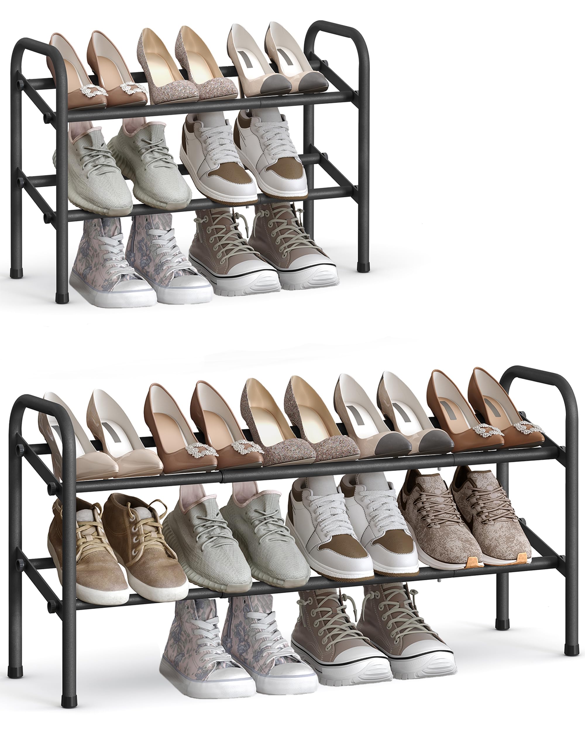 SONGMICS Expandable Shoe Rack, 2-Tier Metal Shoe Shelf Storage, Adjustable Shoe Organiser, Free Standing Shoe Racks for Hallway, Closet, Doorway, Easy Assembly, Ink Black LMR029B01