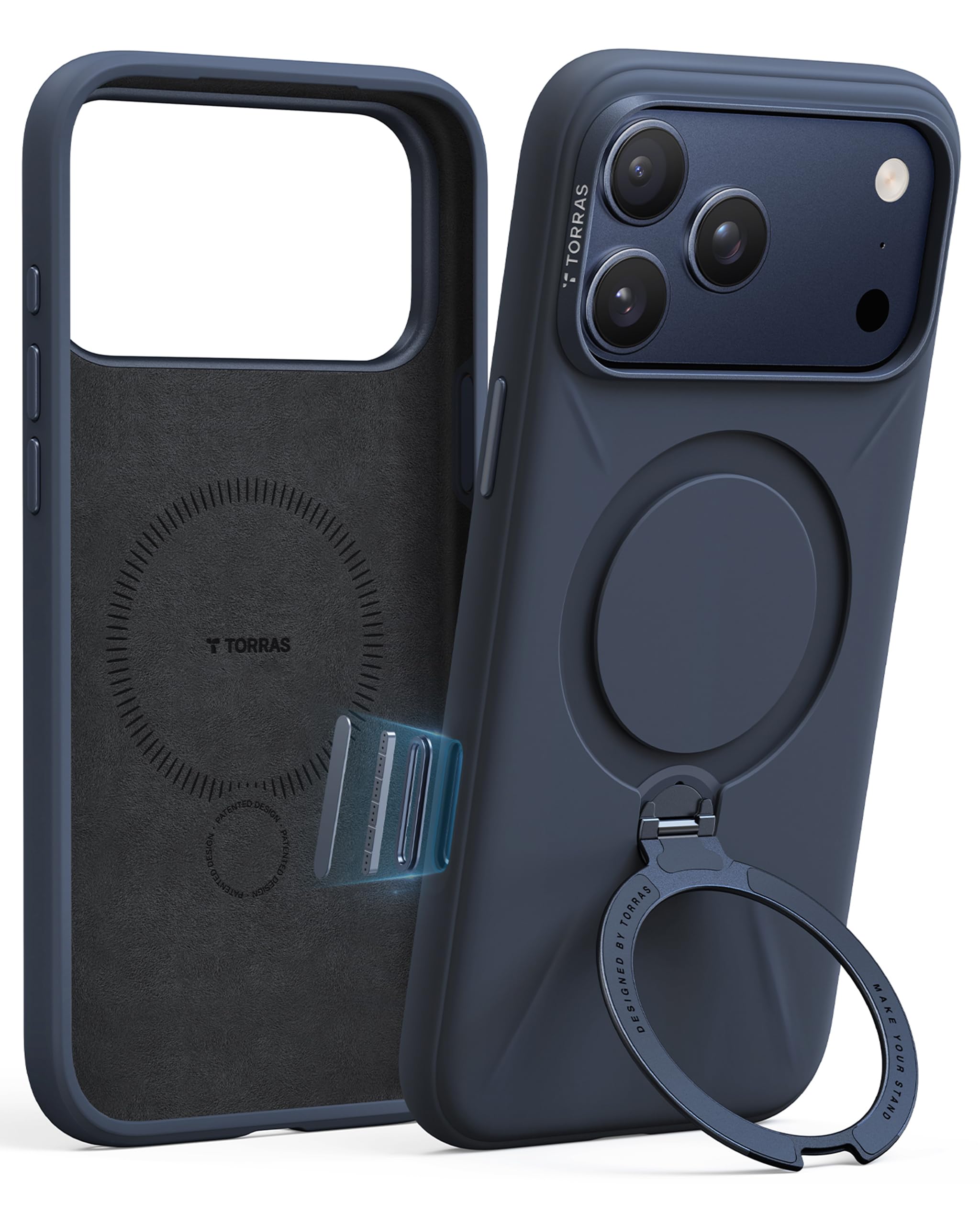 Photo 1 of TORRAS Q3 Silicone 360 Spin for iPhone 17 Pro Case with Stand, Fit for MagSafe, Magnetic Ring Kickstand with Camera Control, Liquid Silicone Rubber Soft Phone Case for iPhone 17 Pro 6.3'', Deep Blue