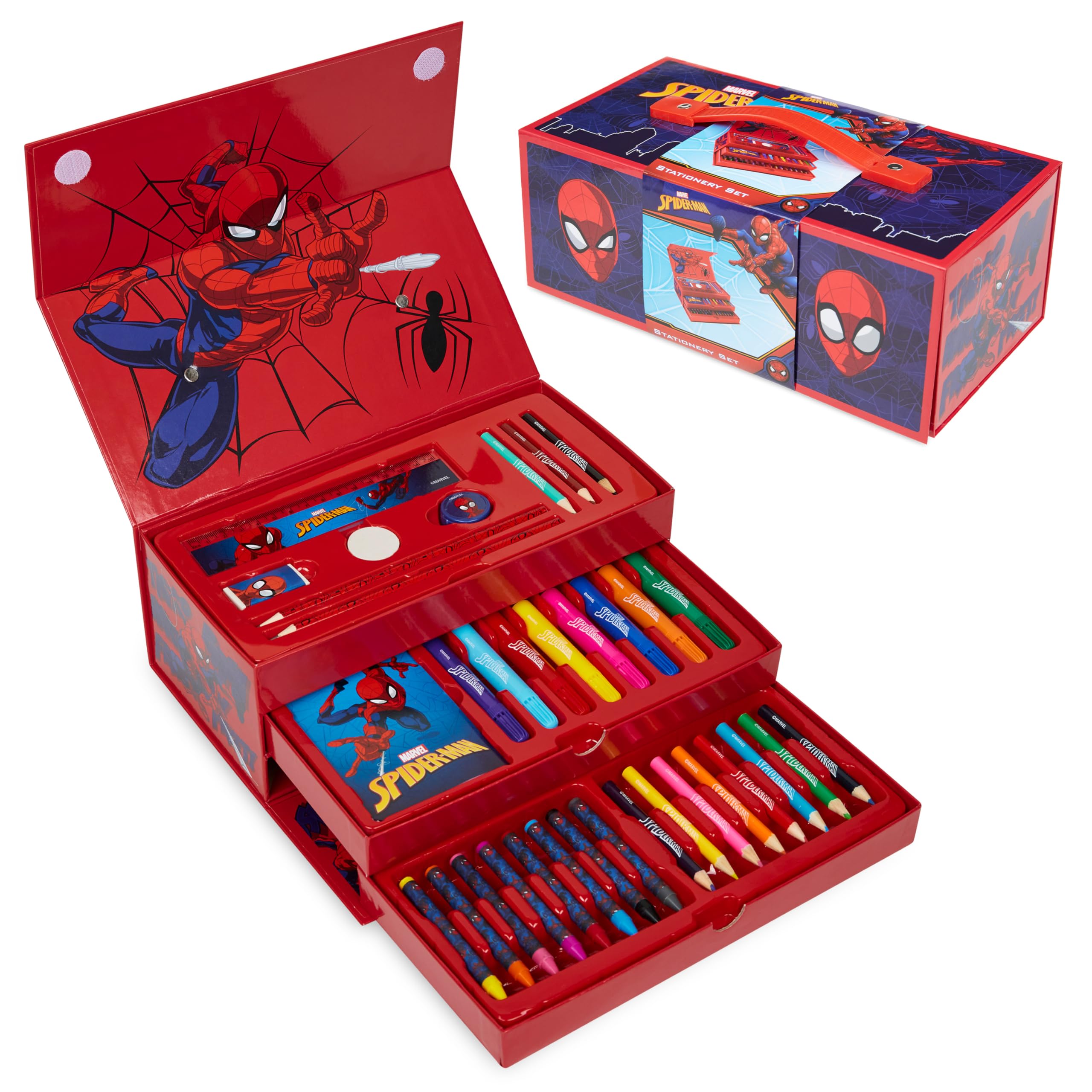 Marvel Spiderman Art Set for Kids Art Supplies Paints Colouring Pens Colouring Pencils Crayons Carry Case Arts and Crafts (Red)