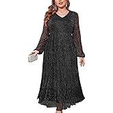 ZOMVA Plus Size 0X-4X Sparkly Mesh Maxi Formal Dress Long Sleeves V Neck A-line Flowy Dress Evening Gown Cocktail Formal
