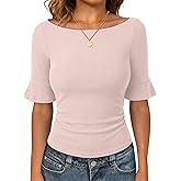 ANRABESS Womens Boat Neck Bell Short Sleeve Shirts Ruched Crop Dressy Work Blouse Business Casual Top 2026 Spring Clothing