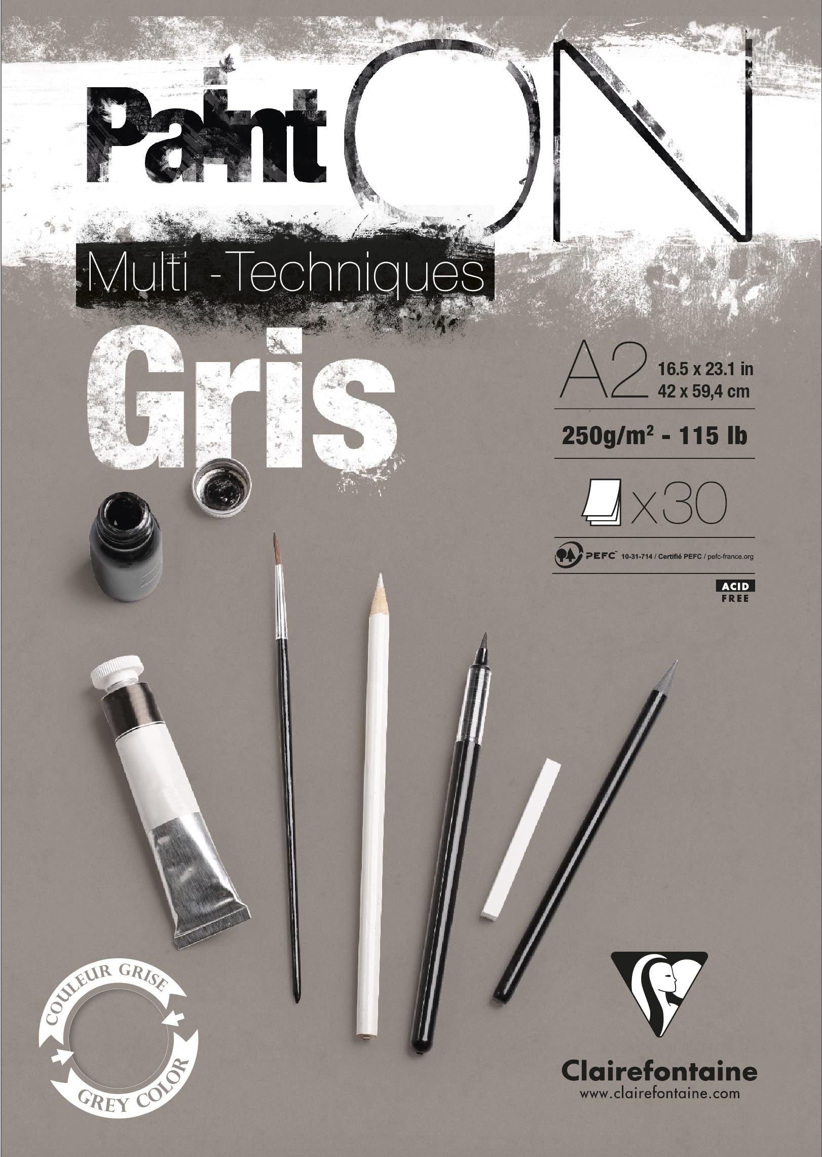 Clairefontaine - Ref 975811C - Paint'ON Multi-Technique Grey Glued Paper Pad (30 Sheets) - A2 Size, 250gsm Heavyweight Paper, Slight Rough Grain, Acid Free, pH Neutral