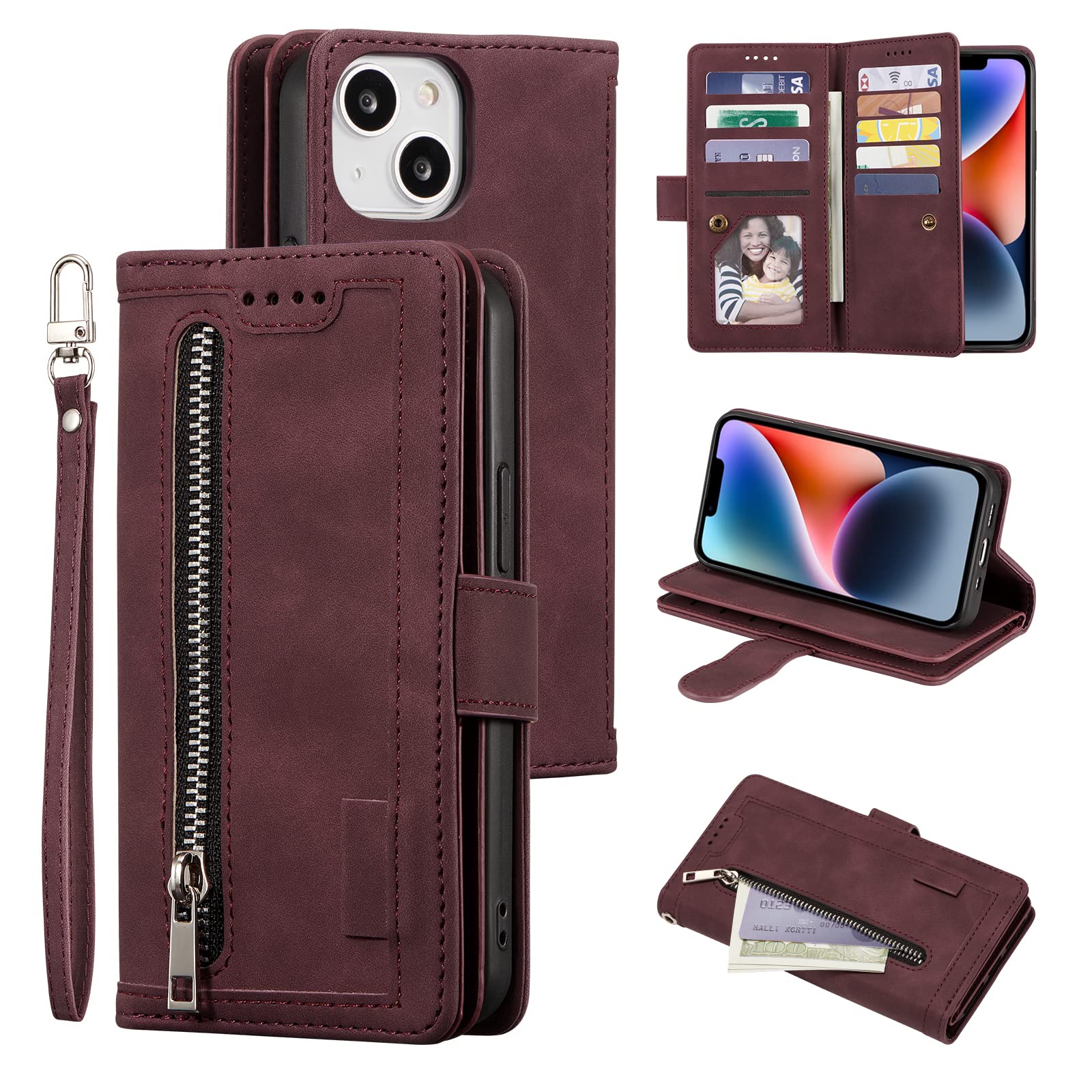 UEEBAI Wallet Case for iPhone 14 6.1 inch, Retro 9 Card Holder Slots Zipper Pocket Handbag Case PU Leather Magnetic Closure Kickstand with Wrist Strap TPU Shockproof Flip Case - Red Wine