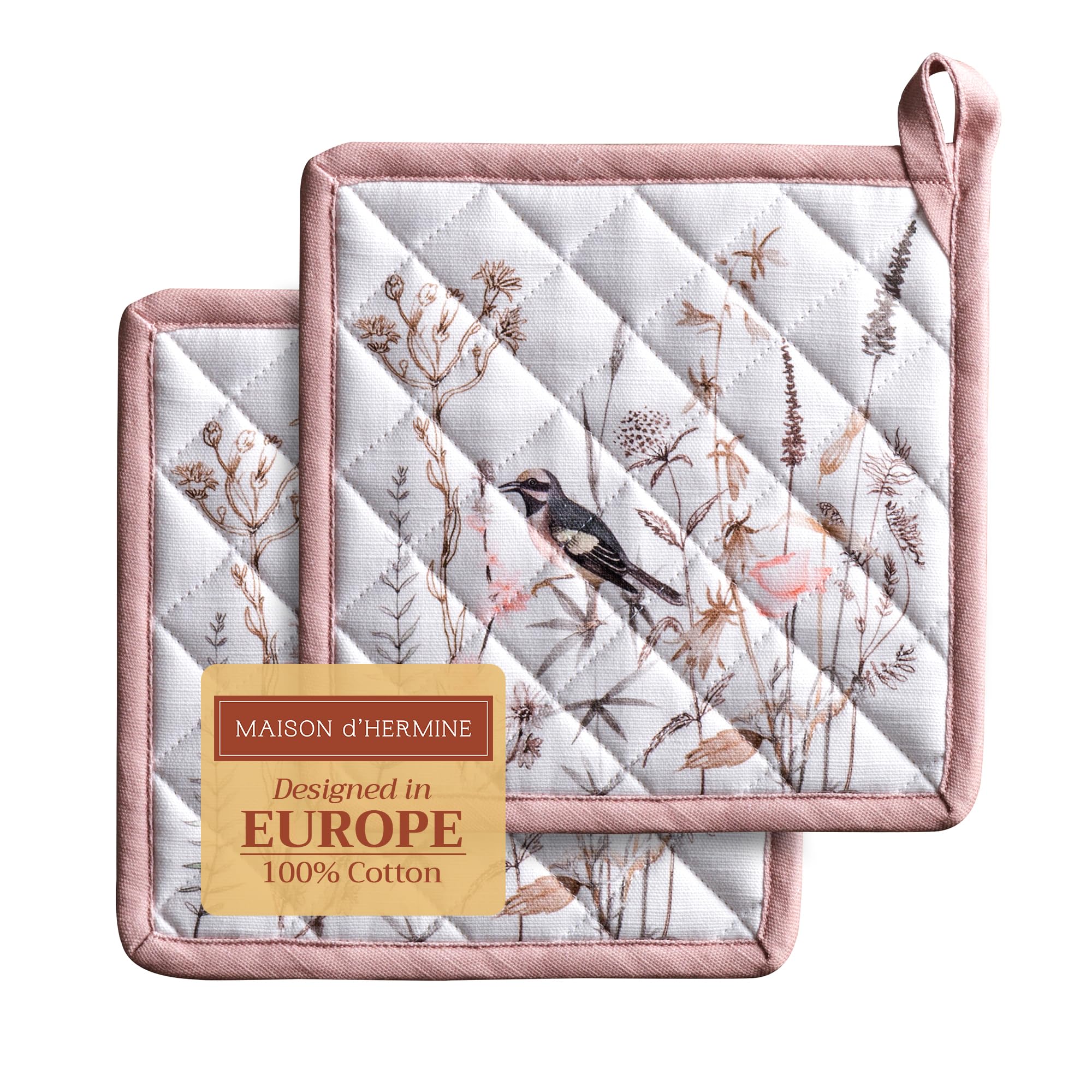 Maison d' Hermine Pot Holders Set 100% Cotton Heat Resistant Potholders 20 cm x 20 cm Hot Pads with Loop for BBQ Baking Handling Hot Pans Gifts for Mothers Day (Pack of 2, Meadow Florals - Brown)