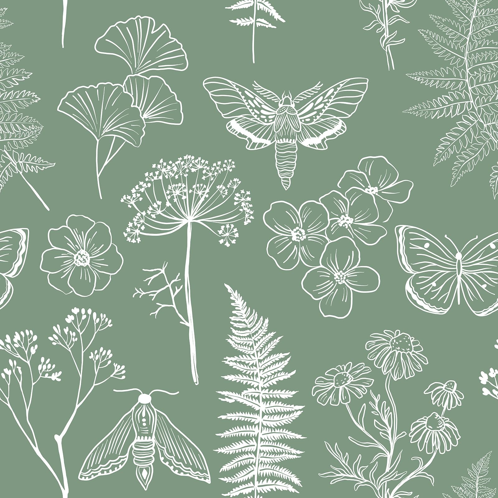 VEELIKE Sage Green Floral Wallpaper Boho Butterfly Fern Botanical Wallpaper White Leaf Contact Paper for Walls Patterned Sticky Back Plastic Roll Bedroom Bathroom Cabinets 44.5cm x 300cm