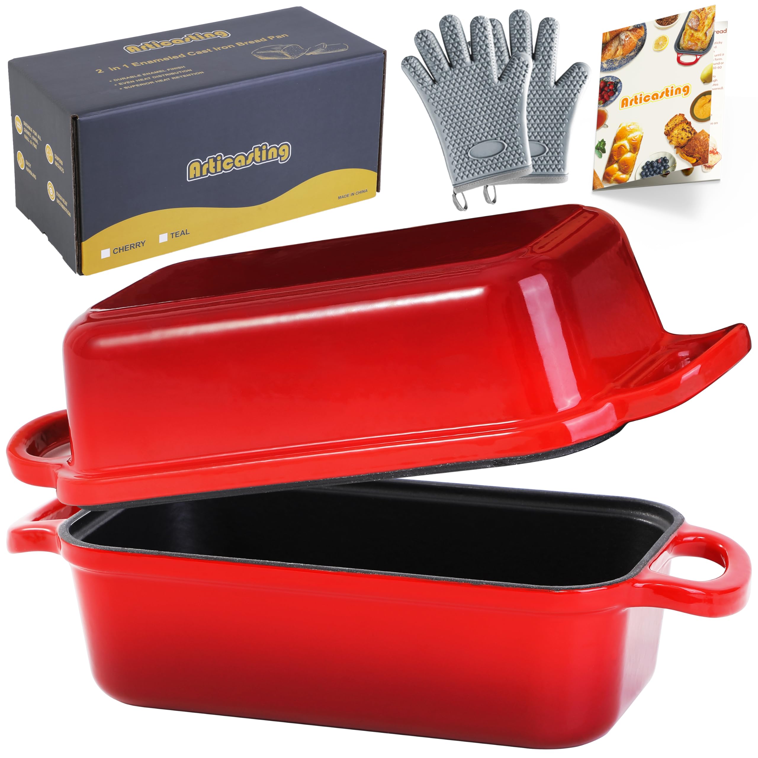 Photo 1 of Articasting Cast Iron Bread Loaf Pan with Lid, Loaf Pans for Baking Bread 9x5, Enameled Bread Pans for Homemade Bread, Sourdough, Set of 2, Cherry