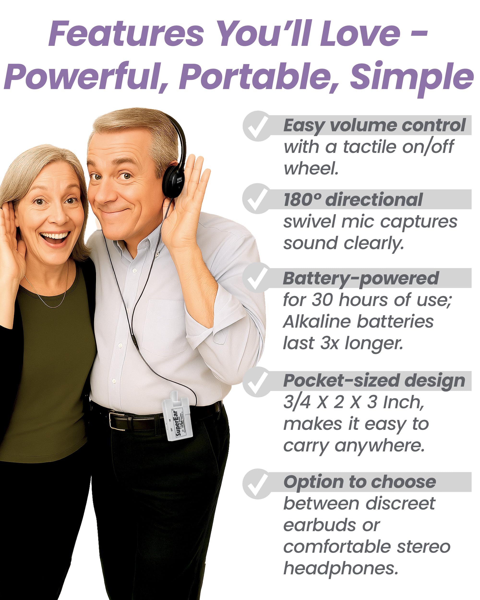 SuperEar Model SE5000 (PSAP) for Seniors - Hearing Amplifiers for Seniors, Super Ear Personal Sound Amplifier, Sound Amplifier Listening Device and Audio Accessories in 50dB Ambient Sounds Increase