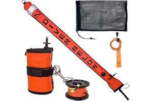 SIPANTEE Surface Marker Buoy Scuba Diving SMB Marker Buoy Safety Sausage for Scuba Diving SMB 5ft DSMB Diver Below Signal Tube with Metal Finger Spool 98ft Dive Reel 316 Double End Hook,Whistle,Bag