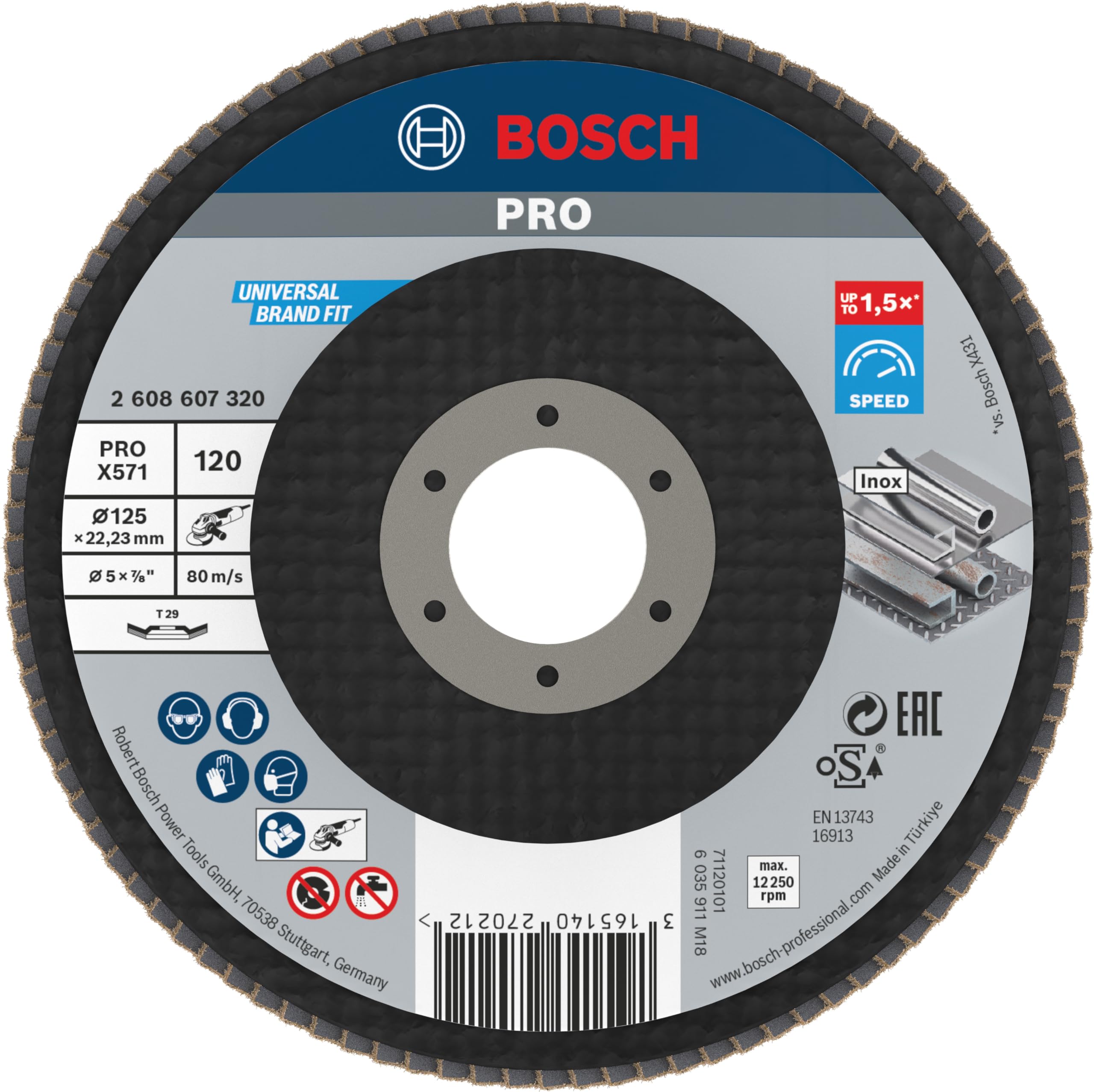 Bosch 1x PRO Metal X571 Flap Disc Angled Version Fiber for Small Angle Grinders (for Steel, Stainless steel, Ø 125 mm, Grit 120, Professional Accessory Small Angle Grinder)