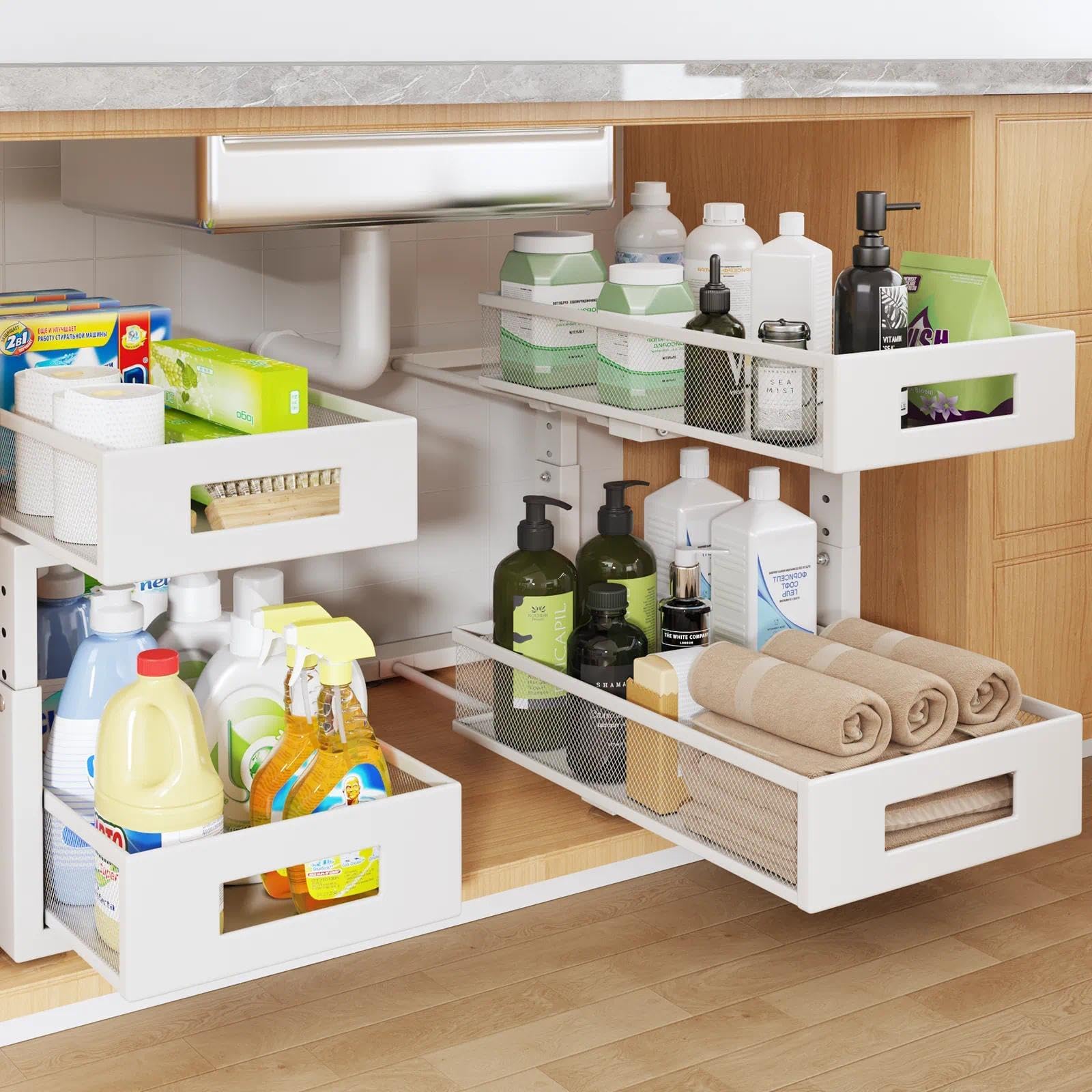 Photo 1 of 2 Packs 17IN Depth Under Sink Organizer, 2-Tier Pull Out Cabinet Organizer With Smooth Circular Rail, Large Capacity Metal Mesh Sliding Drawers For Bathroom& Kitchen Storage,Height Adjustable –White