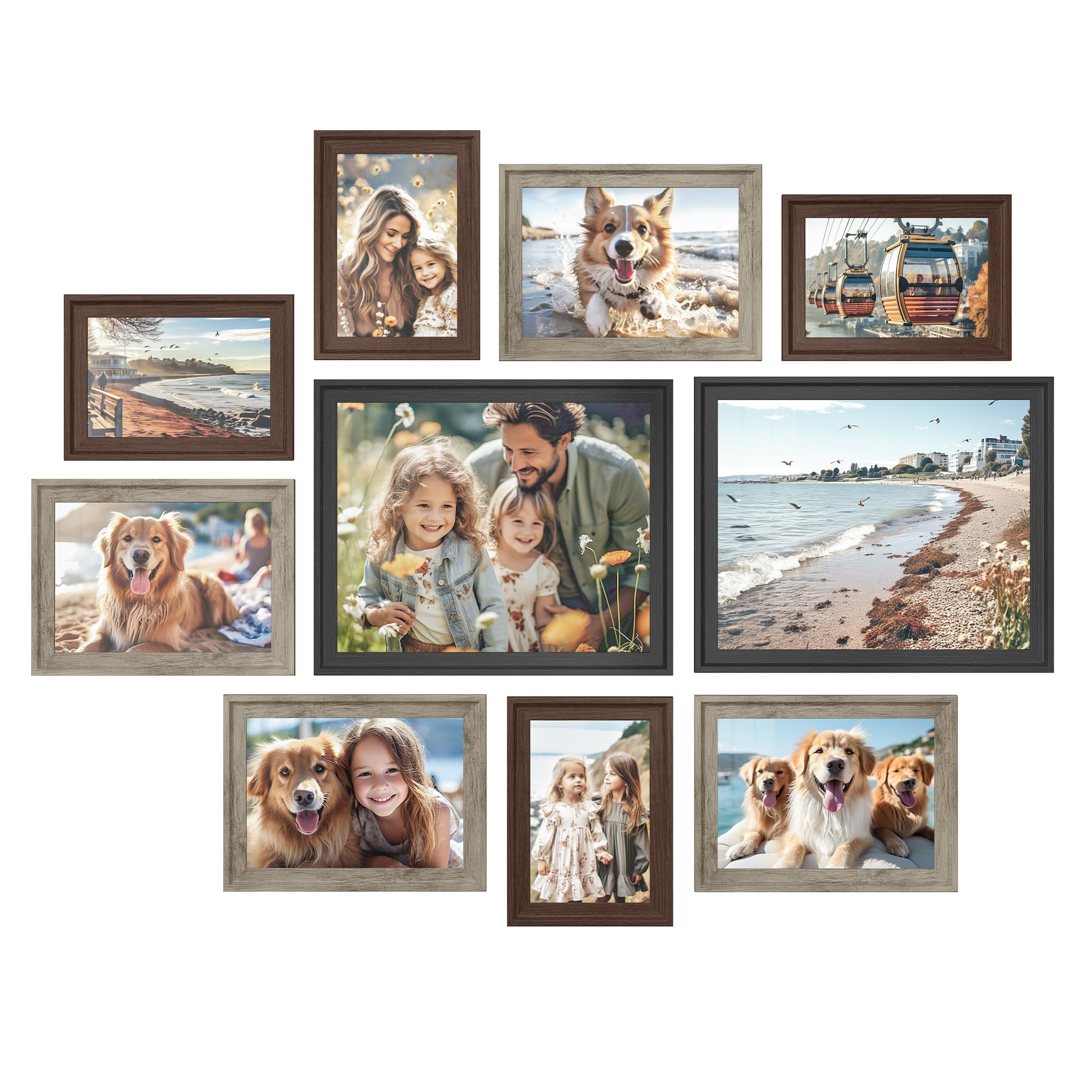 SONGMICS Picture Frames with 16 Mats, Set of 10 Collage Photo Frames, Two 8x10, Four 5x7, Four 4x6 Frames, Hanging or Table Display, Glass, 12 Non-Trace Nails, Maroon Brown, Heather Greige, Ash Black
