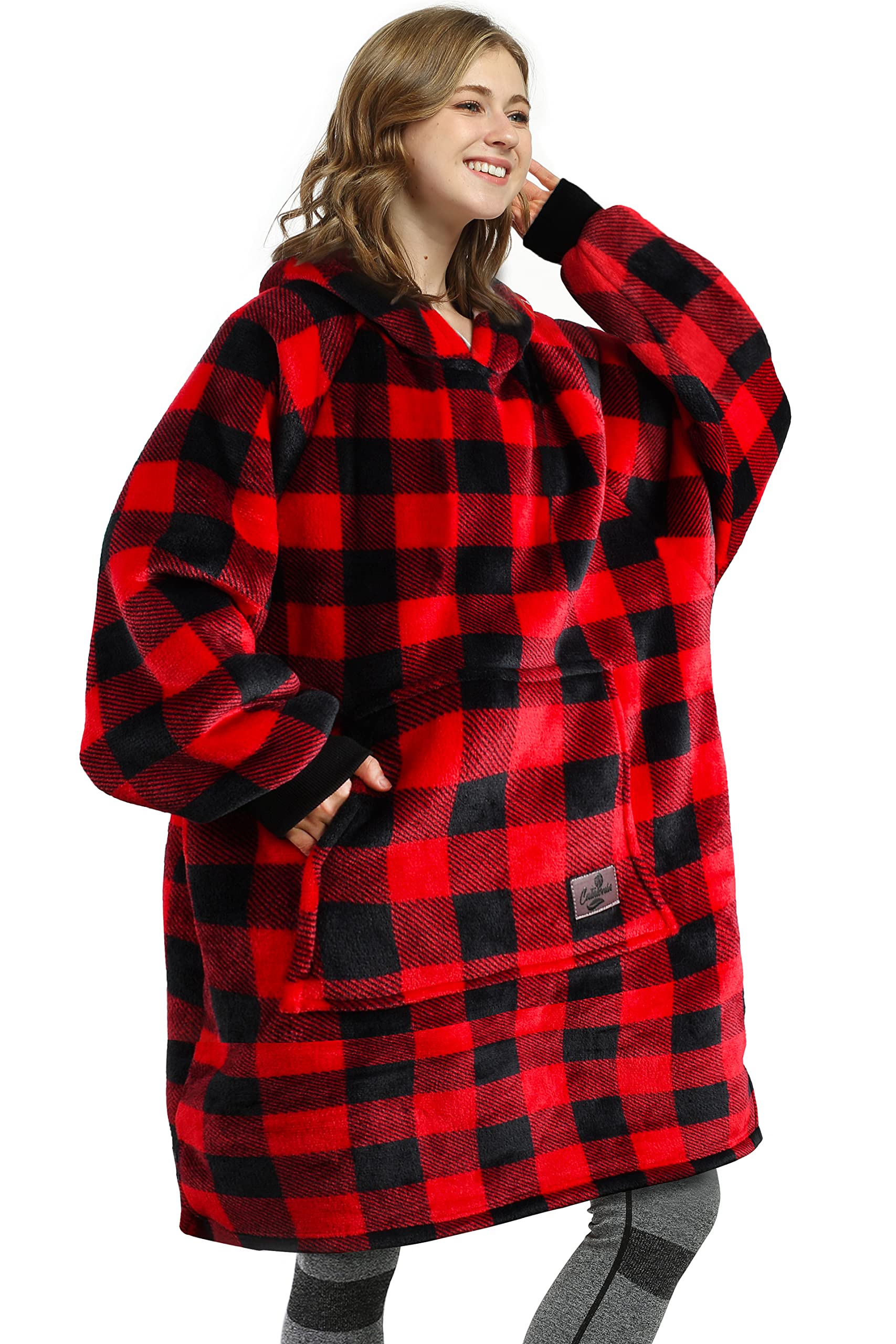 Oversized Hoodie Blanket, Warm Gifts for Women, Cosy Sherpa Sweatshirt, Soft Wearable Fleece Blanket, Giant Hoody Sweater with Front Pocket Adults Men Friends Red Plaid