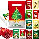 Fulmoon 100 Pcs Christmas Plastic Gift Bags Bulk Merchandise Bags with Handles Xmas Party Favor for Christmas New Year Party Decoration