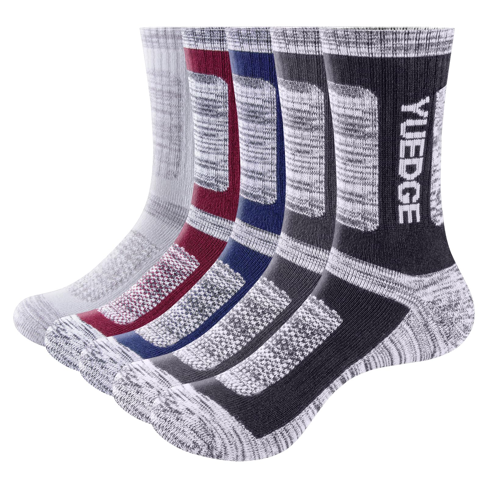 YUEDGE Men's Moisture Wicking Breathable Cushioned Casual Crew Socks Multi Performance Hiking Trekking Walking Athletic Sports Socks For Men 6-10, 5 Pairs