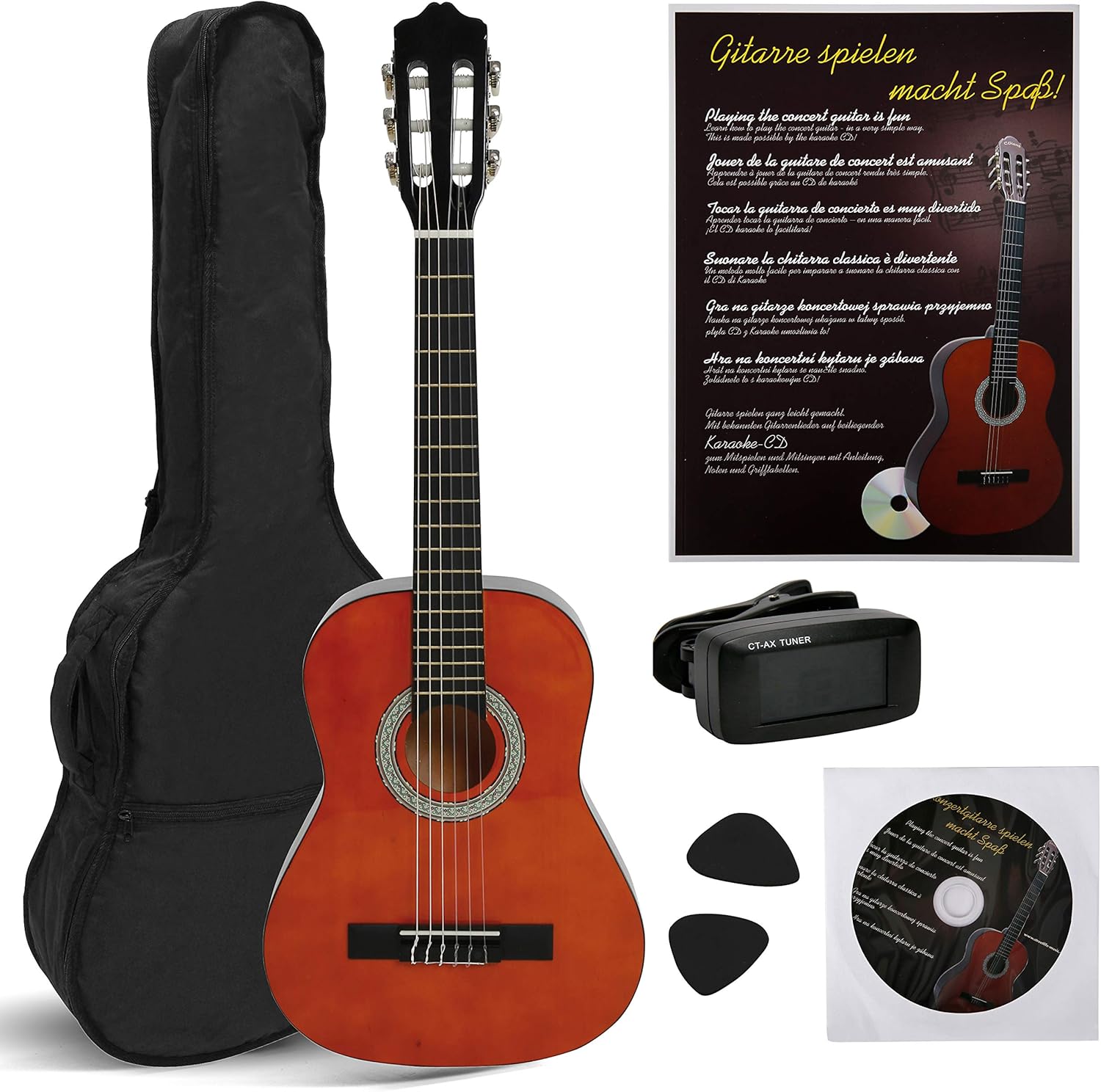 Juan Miguel Navarrez concert guitar - classical guitar - 4/4 honey - natural - starter set - incl. bag, plectrums, book, tuner