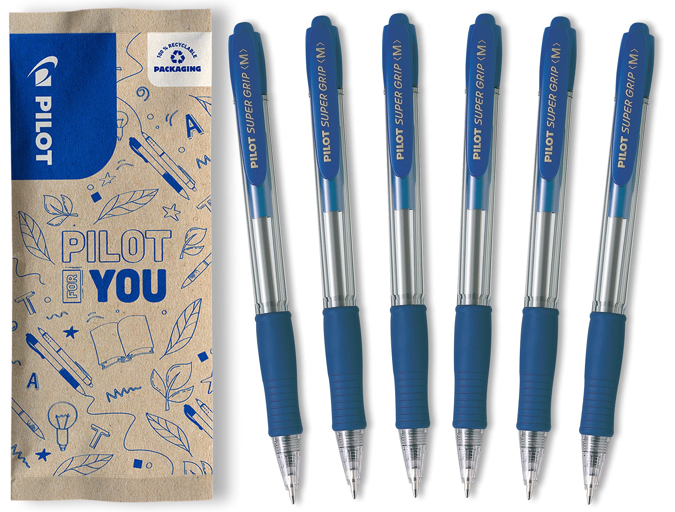 PILOT Super Grip Ballpoint Pen Set of 6 in M (Blue)