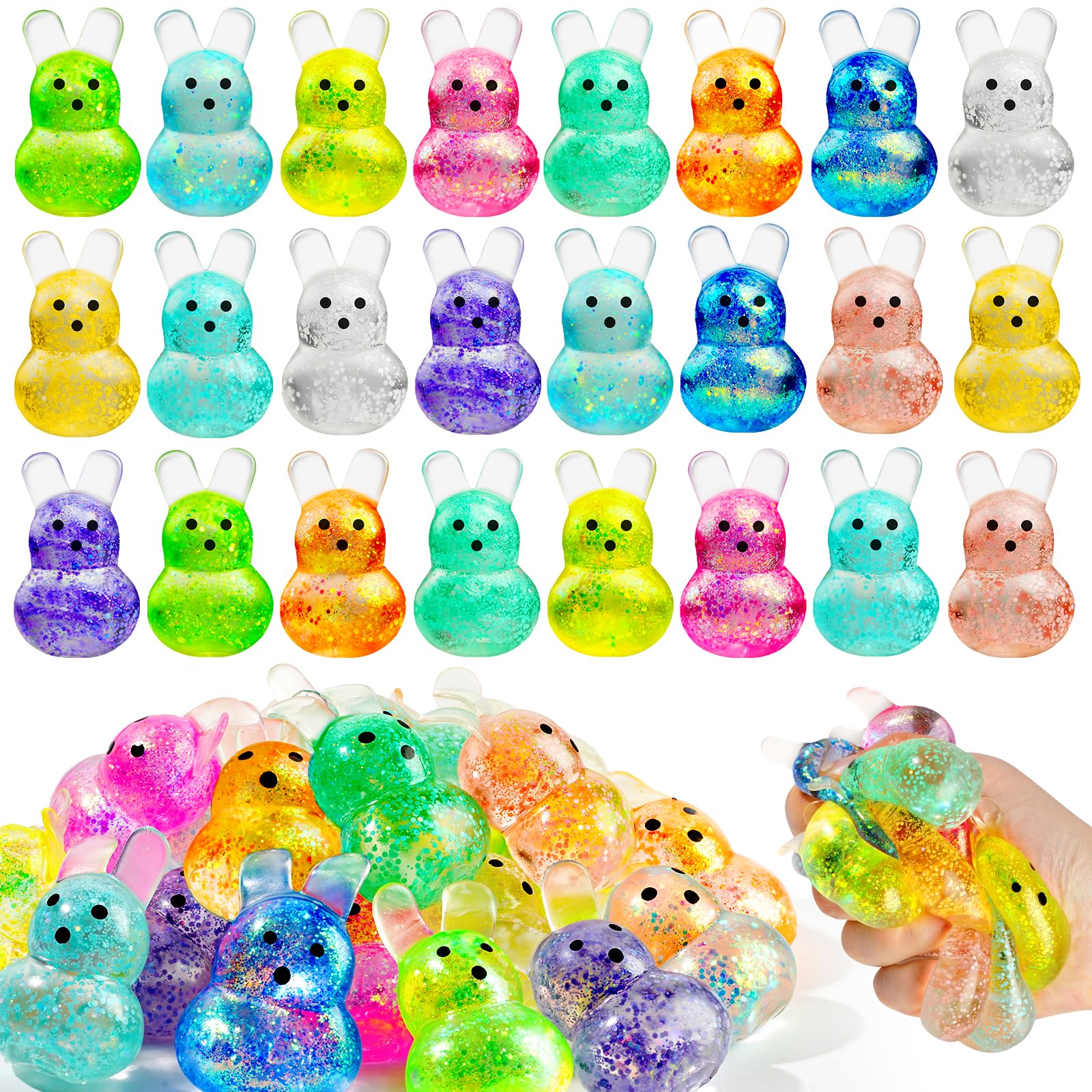 24Packs Easter Bunny Stress Balls,Easter Basket Stuffers,Easter Squishy Squeeze Balls Bulk Fidget Toys for Adults,Stress Relief Balls,Easter Gifts Party Favors (Multicolor-Bunny)