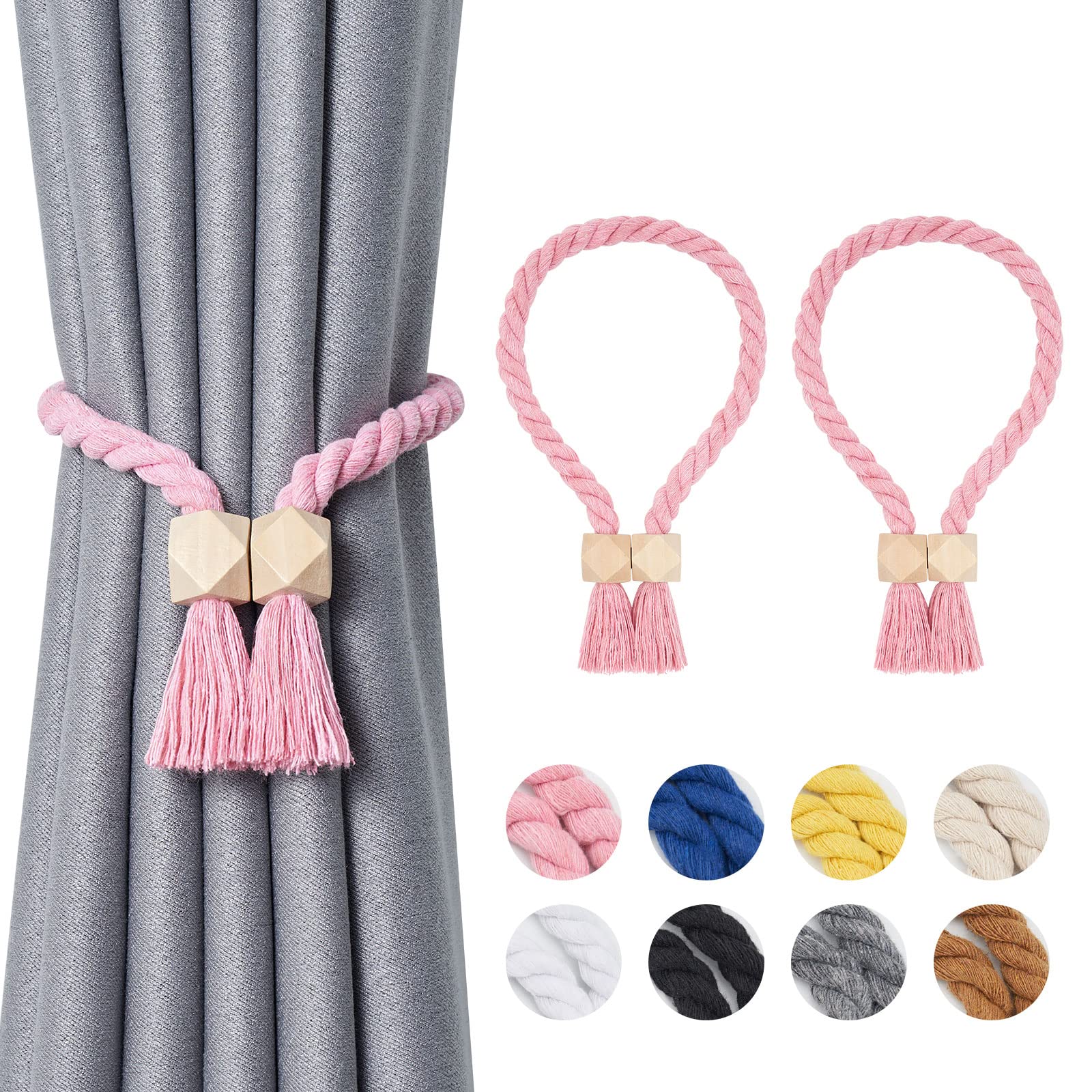 Pretty Jolly 2 Pack Wooden Polyhedron Magnetic Curtain Tiebacks Boho Home Decor Drape Tie Backs Natural Cotton Hand Woven Rope Curtain Holdbacks for Home & Office Window Draperies (Pink)