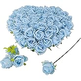 ARTIFIPLANT Fake Light Blue Flower Heads for Craft,2.5'' Light Blue Rose Heads Artificial Flowers,54 Pcs Silk Rose Heads Bulk,Satin Rose Heads with Stems for DIY Flower Well,Crafts Bouquest