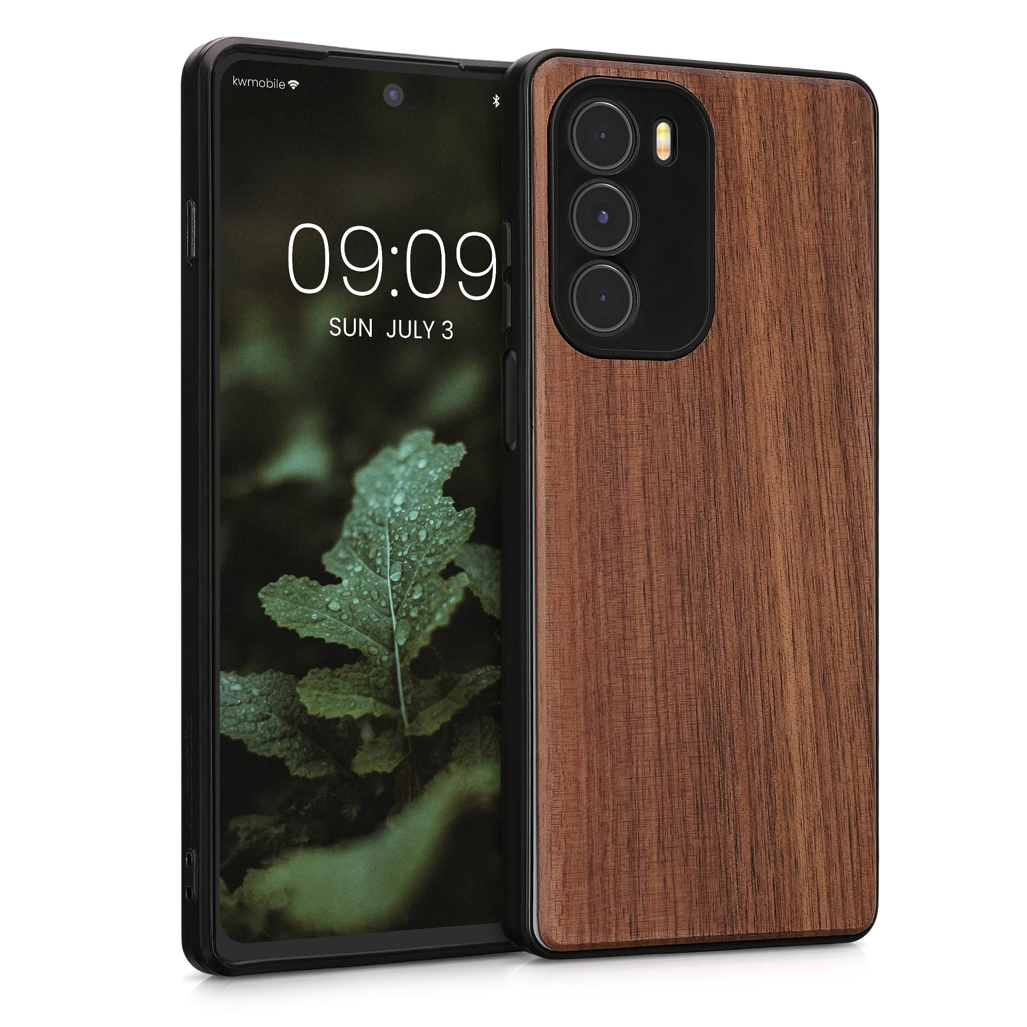 kwmobile Real Wood Case Compatible with Motorola Moto G200 5G Case - Hard Wooden Cover w/TPU Bumper - Dark Brown