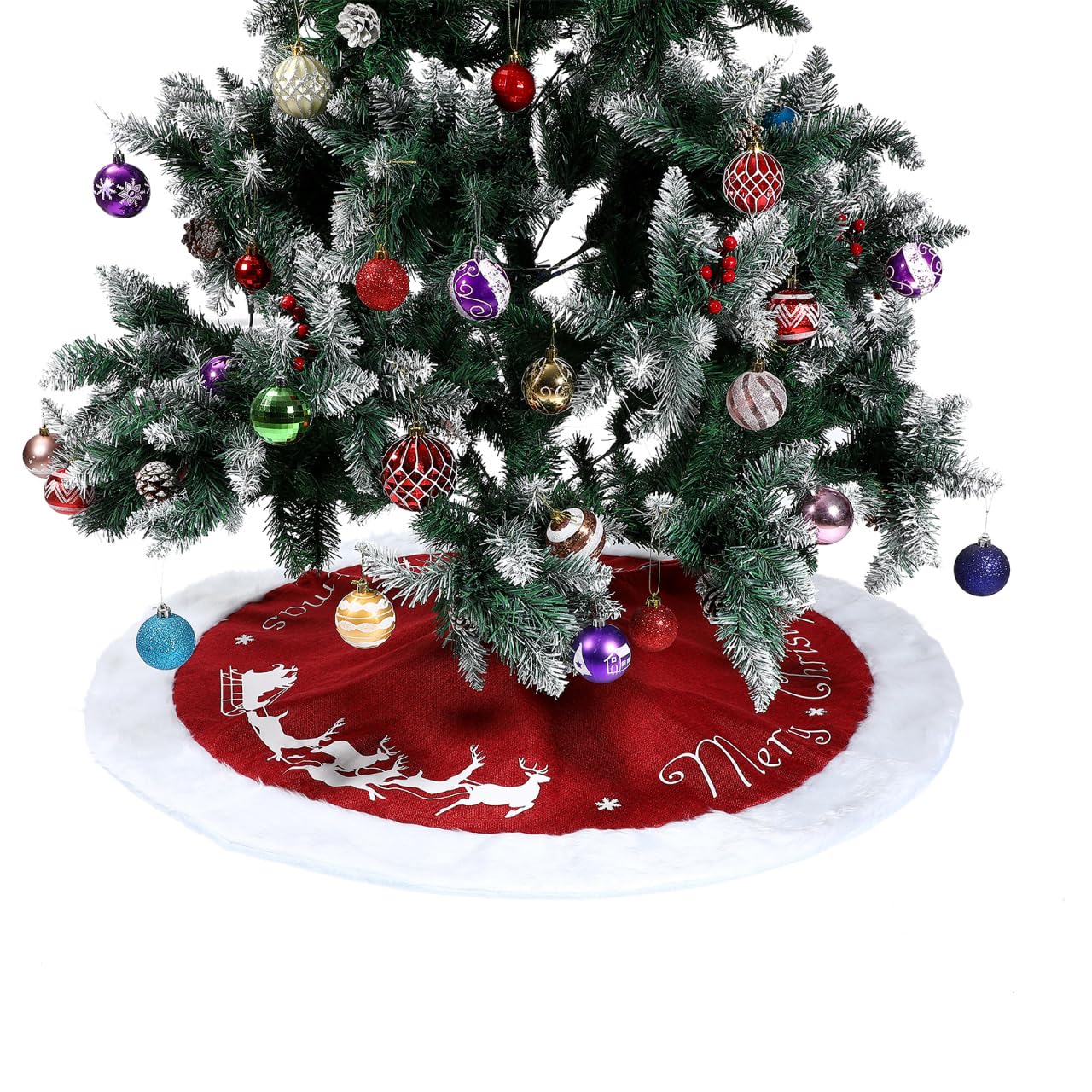 Christmas Tree Skirts, 47 Inch Red White Double Layers Thick Plush Xmas Tree Skirt with Letter "Merry Christmas" Printed, Xmas Tree Base Cover Mat for Home, Party, New Year Decoration