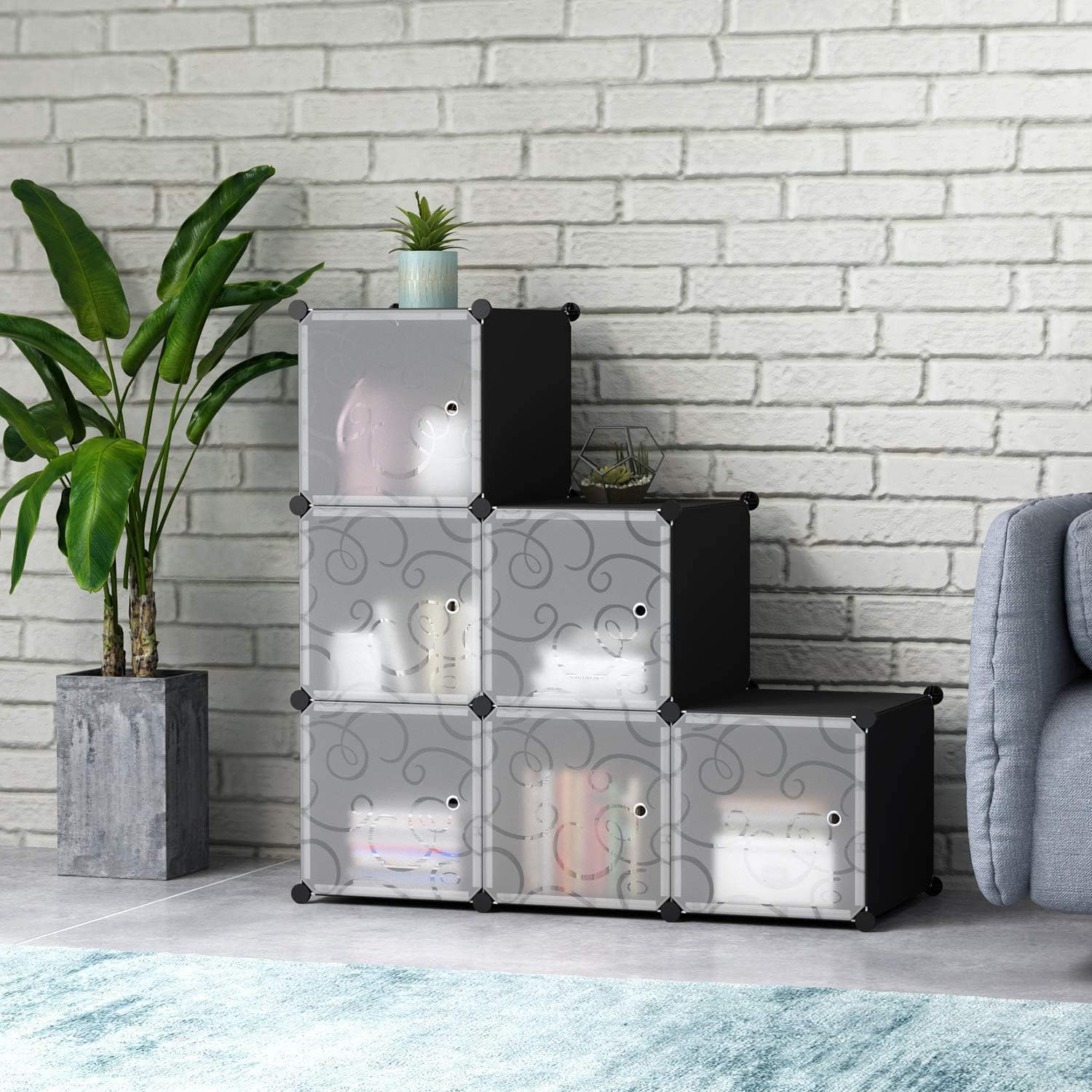 C&AHOME Cube Storage Organizer, 6-Cube Shelves Units, Closet Cabinet, DIY Plastic Modular Book Shelf with Doors, Ideal for Bedroom, Living Room, Office, 36.6" L x 12.4" W x 36.6" H Black: Furniture & Decor