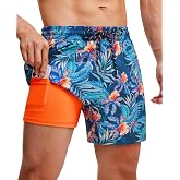 5 inch Mens Swim Trunks with Compression Liner Quick Dry Mens Bathing Suit | Lining Lined Mens Swim Shorts 2 in 1 No Chafe 4 Way Stretch Water Resistant Breathable Funny Surfing Fishing Mens Swimsuit