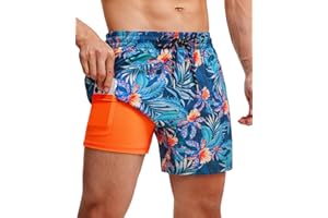 Gleeease 5inch Mens Swim Trunks: 2 in 1 with Compression Liner Pockets Drawstring Stretch Quick Dry Lined Funny Beach Pool