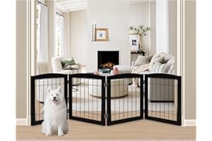 LZRS 4-Panel Extra-Wide Wooden Freestanding Dog Gate: Foldable Solid Wood and Steel Wire Chew Resistant Safety Barrier for Doorways, Stairs, and Large Open Spaces Indoor Use, Black
