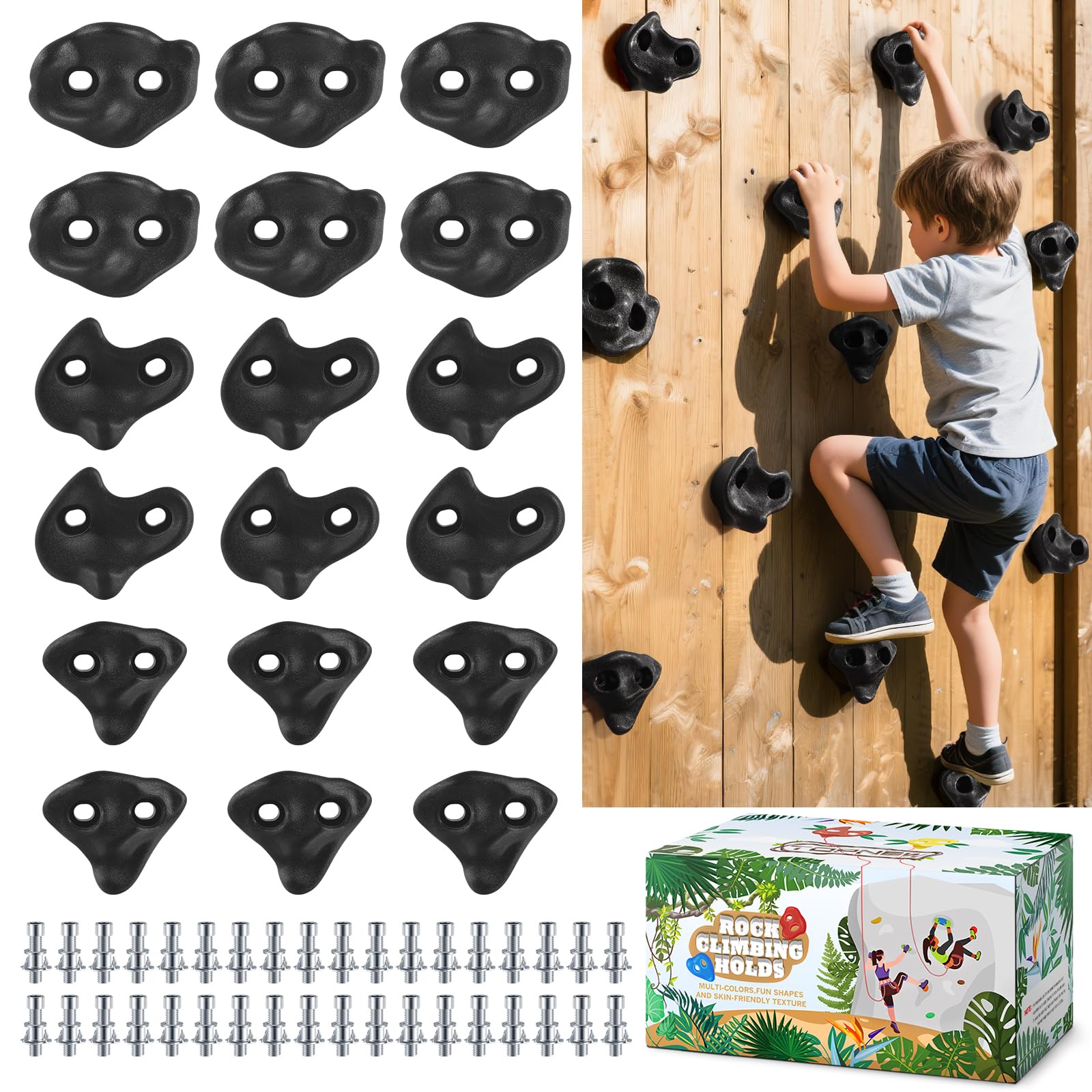Photo 1 of 18PCS Climbing Holds for Kids,Large Climbing Holds for Play Set, Rock Wall Climbing Kit with Hardware for Indoor and Outdoor Climbing, Swingset - Adult Rock Wall Holds with Mounting Hardware (Black)