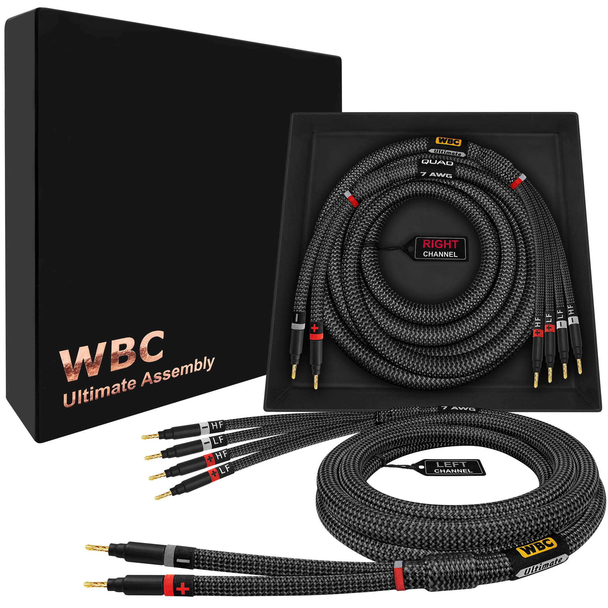 WORLDS BEST CABLES 2 Meter ULTIMATE - 7 AWG - Ultra-Pure OFC – Extra Premium Audiophile HiFi Bi-Wire Speaker Cable Pair with Eminence Gold Banana Plugs & Carbon Tweed Jacket