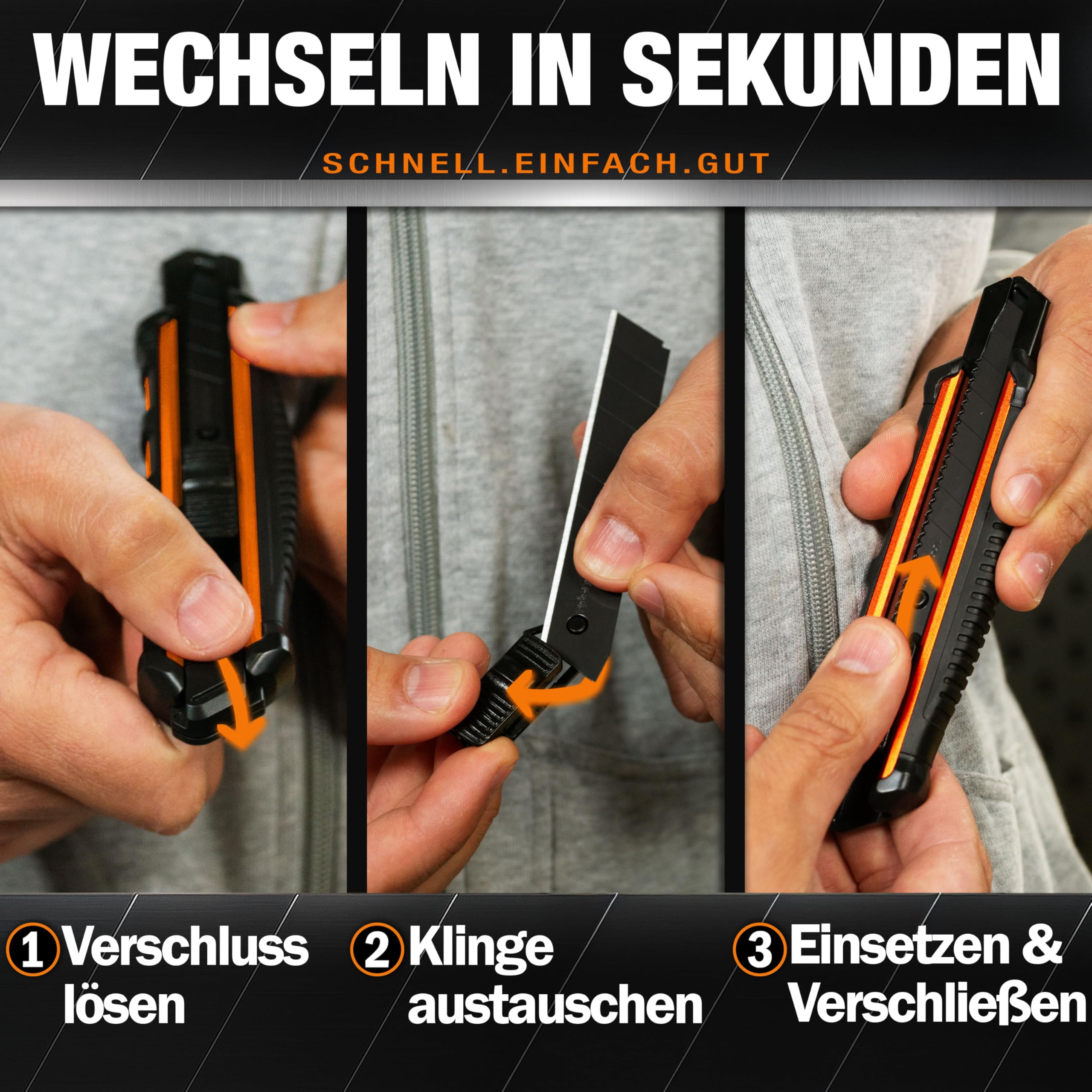 3x Profi Cuttermesser Set – Robuste Cutter Messer & Teppichmesser mit 10 SK5 Cuttermesser Klingen I Vielseitiges Handwerkzeug & Präzisions Utility Knife für Handwerker & Heimwerker ToolTopia 6