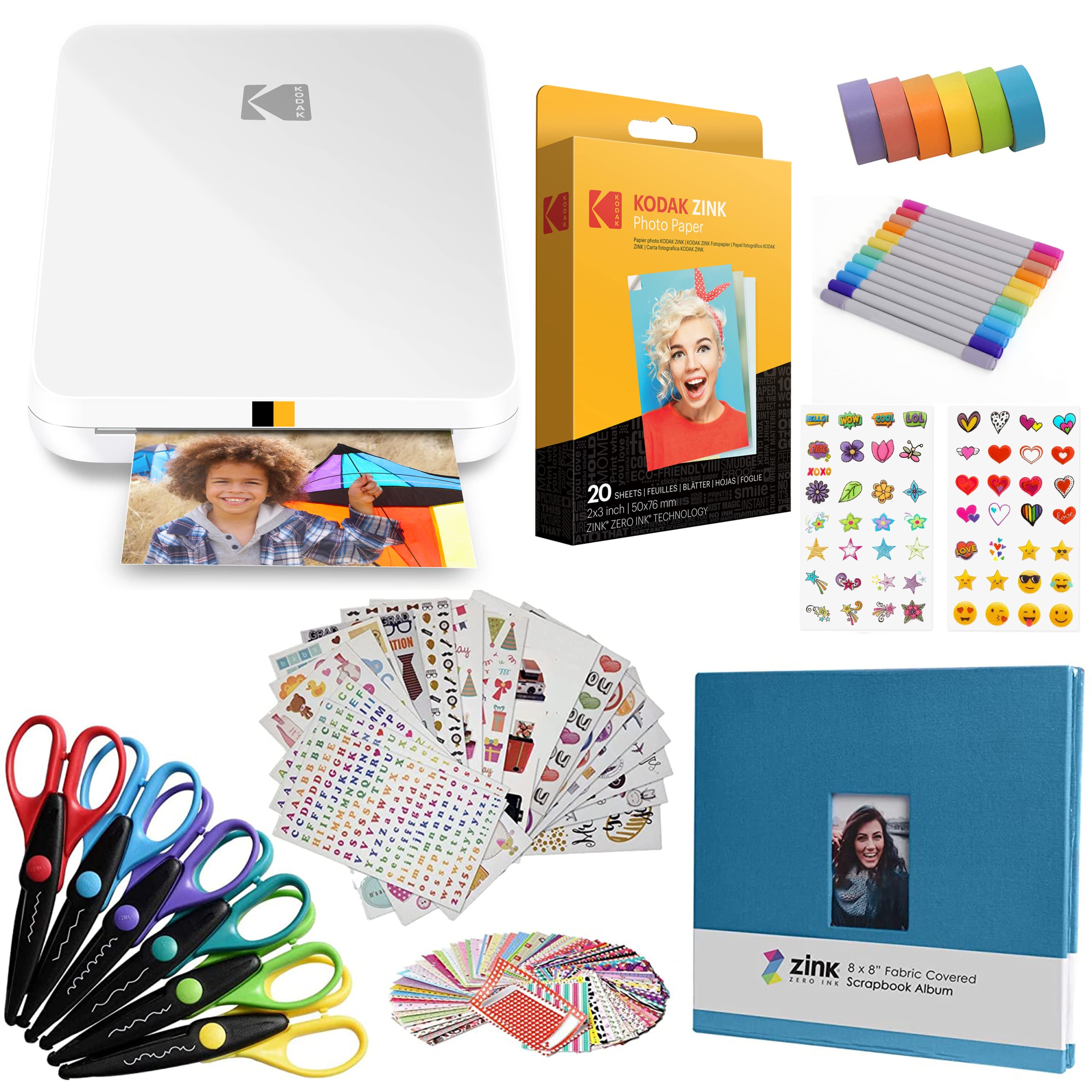 KODAK Step Slim Instant Mobile Photo Printer - Kit: 20 Pack Zink Paper, Scissors, Scrapbook Album, Markers, Sticker sets