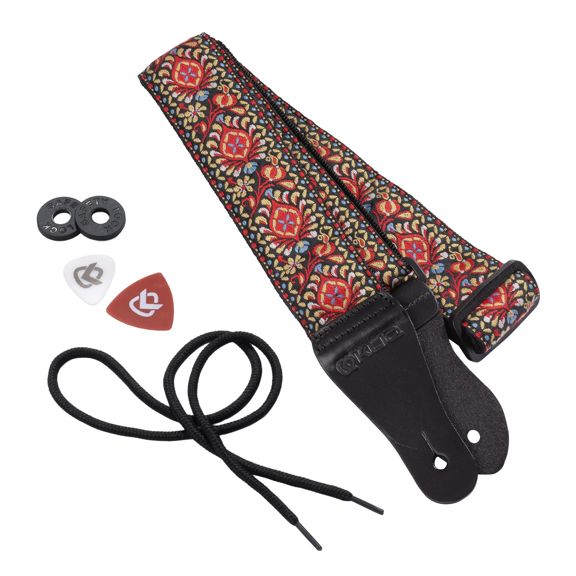 KLIQ Vintage Woven Guitar Strap for Acoustic and Electric Guitars | '60s Jacquard Weave Hootenanny Style | 2 Rubber Strap Locks Included, Nelson Red — image 1