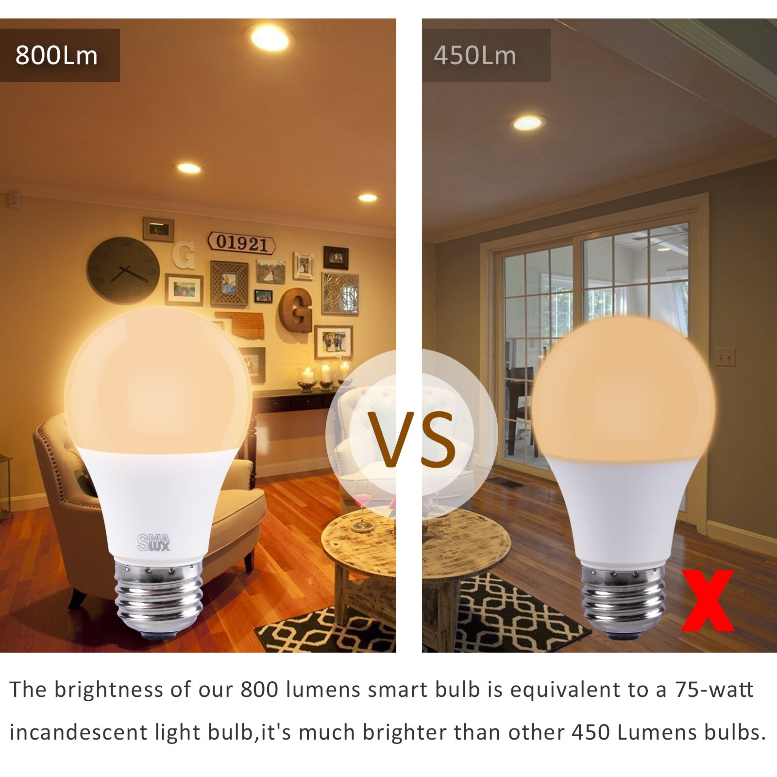 Smalux WiFi Smart LED Light Bulb,Work with Amazon Alexa/Google Home Assistant, Warm White 800lm Dimmable Smart Home Lighting Bulb,9W A19 E26 Voice Remote Control Bulb,Timer Function,no hub Required