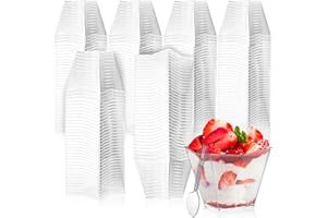 Lyellfe 100 Pack 4 Oz Dessert Cups with Spoon, Clear Plastic Cups, Mini Reusable Square Parfait Shooters Cups for Appetizer, 
