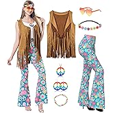 MOLLDAN Women’s 60S 70S Outfits Hippie Costume Retro Peace Sign Fringe Vest Flared Pants Set for Halloween Party
