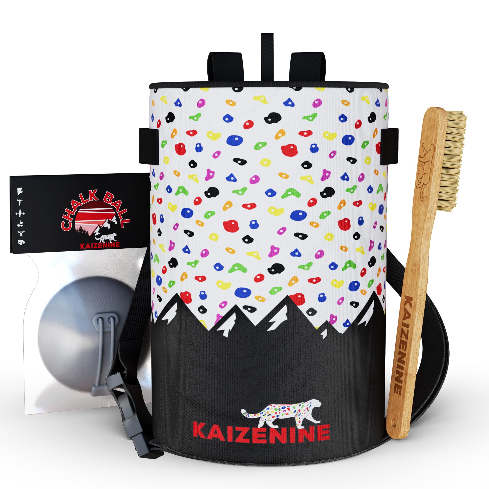 Kaizenine Climber's Bundle: Rock Climbing Chalk Bag & Ball, Bouldering Brush, Gym Grip Strengthener