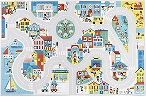 Janod - Children's Car Rug - City Theme - Soft & Non-Slip - Urban Pattern - Play Rug for Girls & Boys' Bedrooms - 120 x 78cm - Hand Washable - from 2 Years Old - J05910