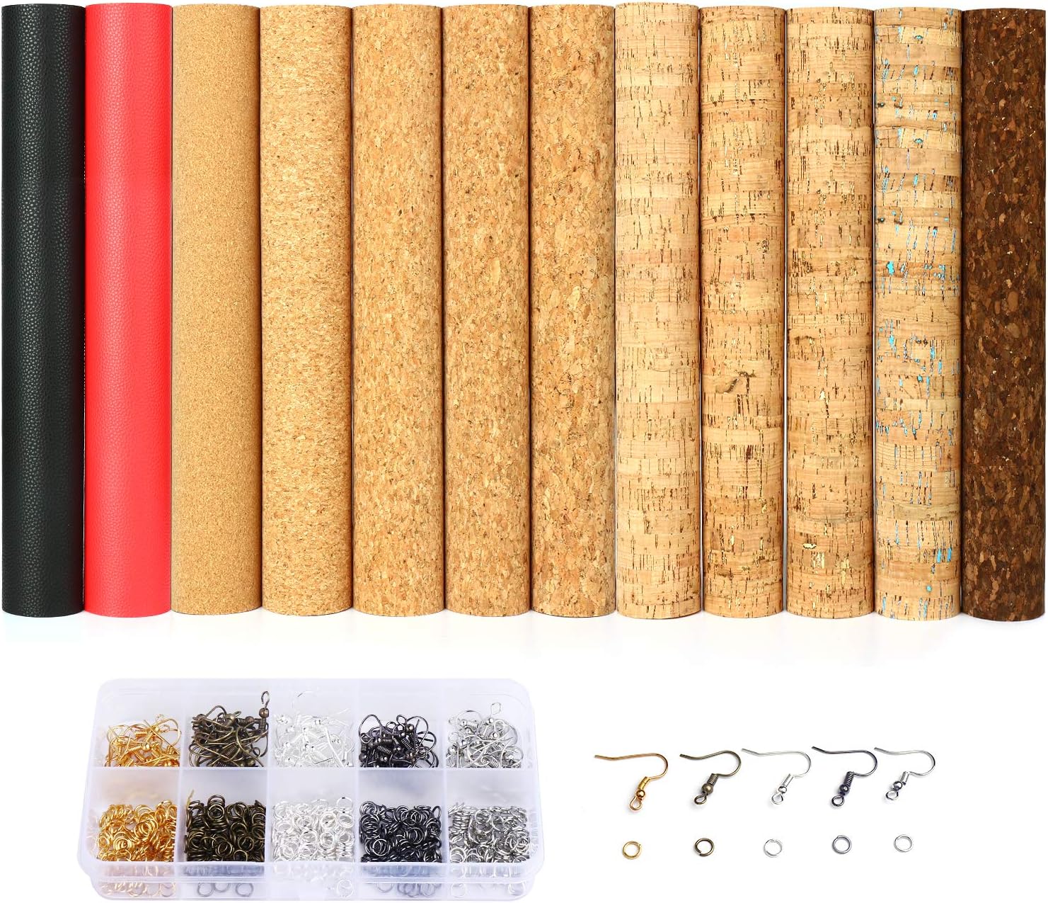 SIMPZIA 10PCS Cork Fabric Sheets + 2PCS Litchi Faux Leather Sheets, 11.8" x 7.8" Real Cork Leather Earring Making Kit with Hooks, Jump Rings for Earrings, Handbag, Wallet, Shoes, Crafts DIY
