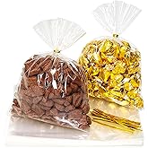 Alimat PluS Clear Cellophane Bags 6×8 Inches, 100 Pcs Small Clear Treat Bags, Cookie Bag with Twist Ties for Candies, Chocolates and Cookies