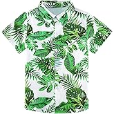 RAISEVERN Boys Button Down Shirts Hawaiian Cartoon Print Slim-Fit Short Sleeve Cool Dress Shirt Cute Top for Kids(2-10T)