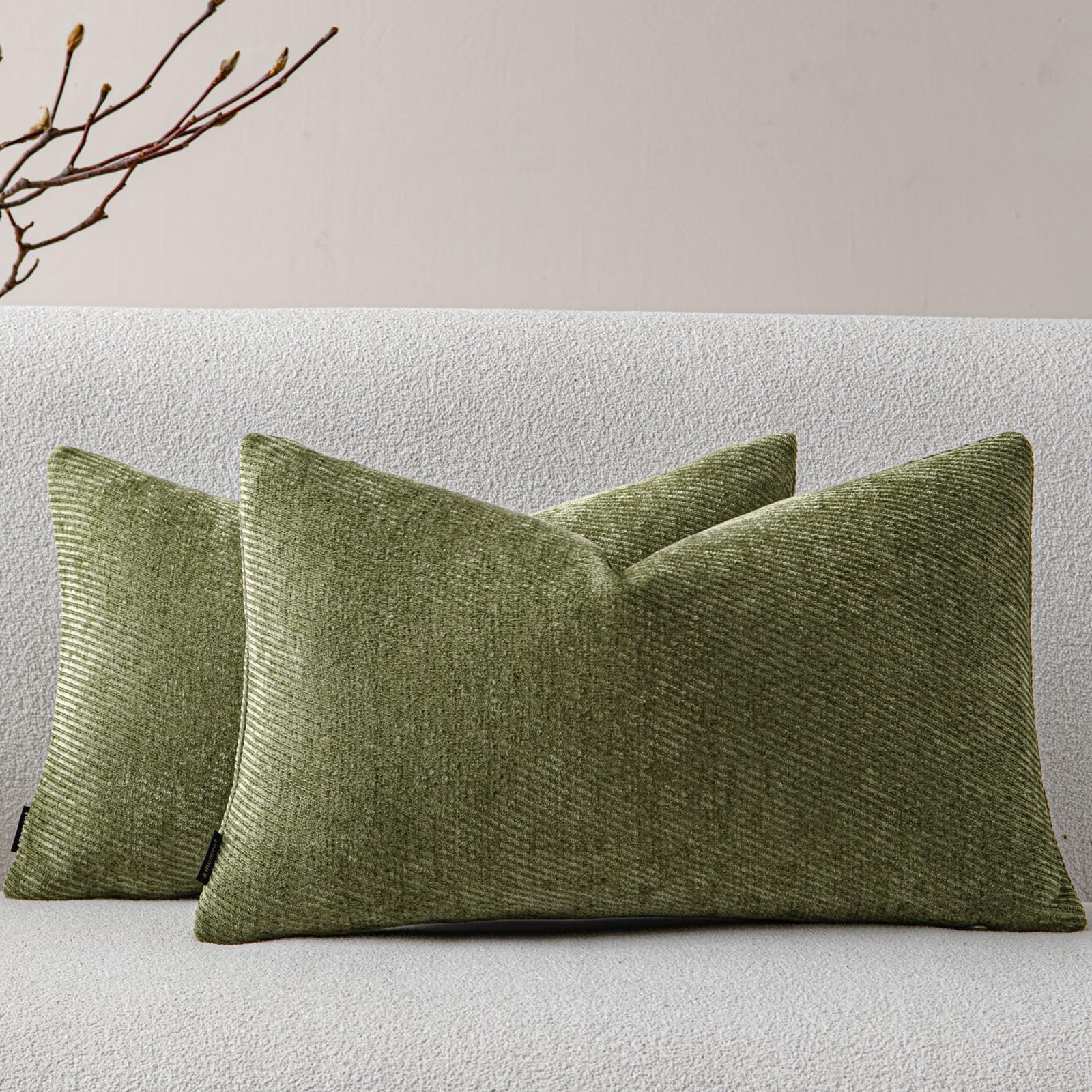 Photo 1 of (used/fair) a moment Pack of 2 Decorative Chenille Throw Pillow Covers with Twill Cushion Covers for Sofa Living Room Couch Bed 12x20 Inch Moss Green