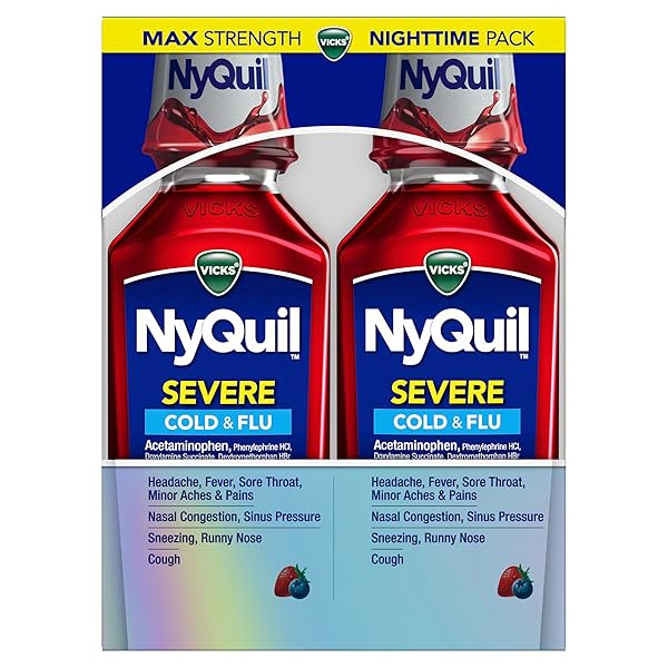 VICKS NYQUIL SEVERE COLD, FLU, AND CONGESTION MEDICINE, 2X12 FL OZ TWIN PACK, BERRY FLAVOR, MAXIMUM STRENGTH, NIGHTTIME RELIEF