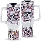 Skull Tumbler with Handle Gothic Skulls Themed Gifts for Women - 40oz Flowers Skull Tumbler - Christmas Birthday Present with Lid and Straw for Skulls Lovers Girls