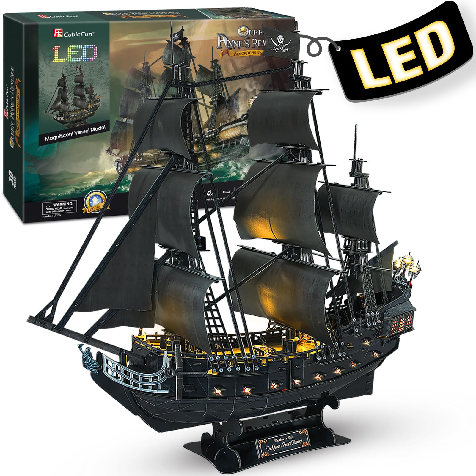 CubicFun 3D Puzzles Pirate Ship and Sailboat Vessel Black Pearl Highly Difficult Model Ship Kit Queen Anne's Revenge (Large with LED Lights) Building 3-d Puzzles Gifts for Adults and Kids, 340 Pieces — image 1