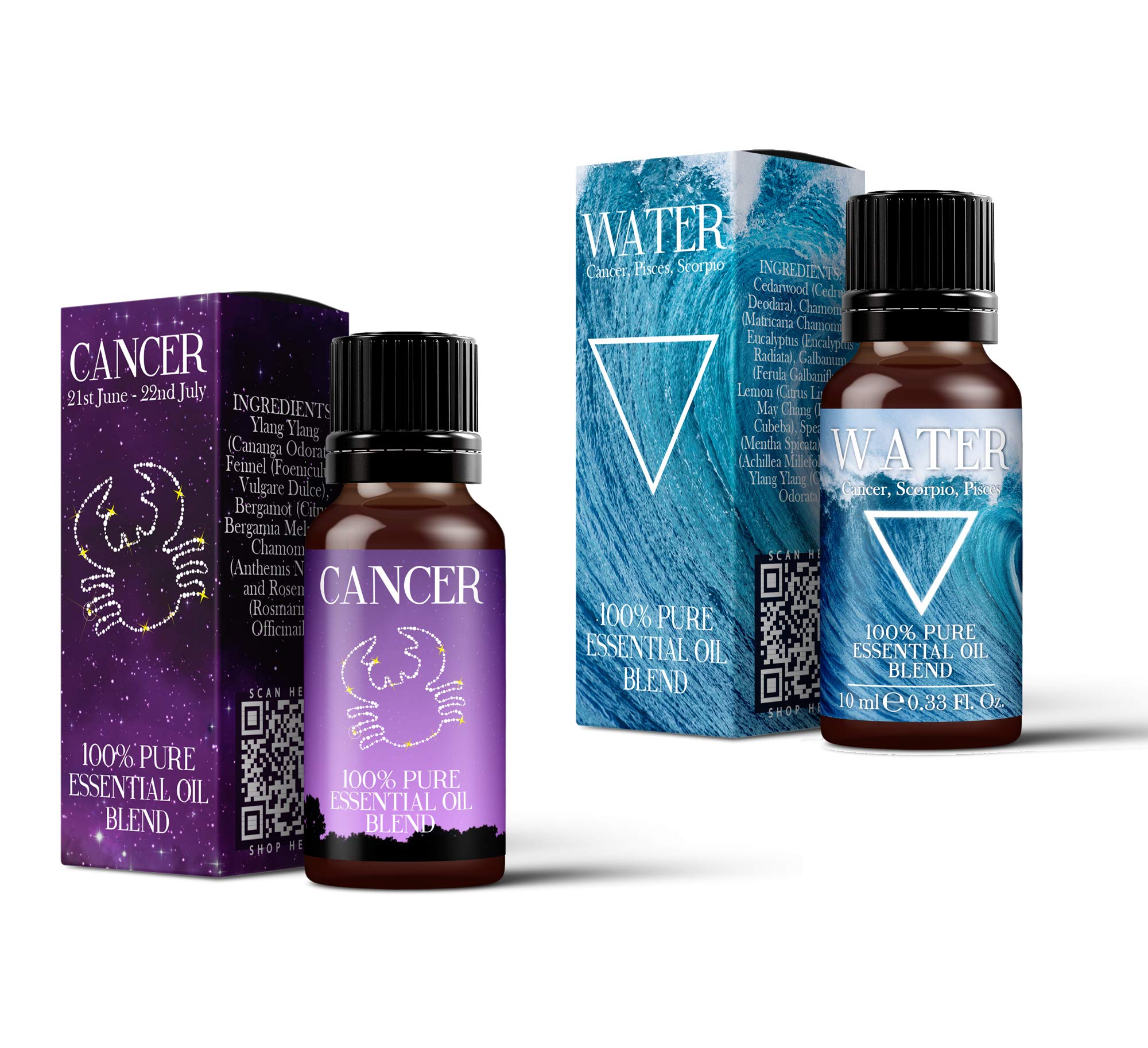 Mystix London | Water Element & Cancer Zodiac Essential Oil Blend Twin Pack | 2×10 ml | 100% Pure & Natural | Aromatherapy for Emotional Balance & Intuition | Vegan, GMO Free