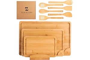 Bamboo Cutting Board Set – Wooden Cutting Board Set with Utensil and Stand – Chopping Board for Kitchen – Usable for Cheese, 