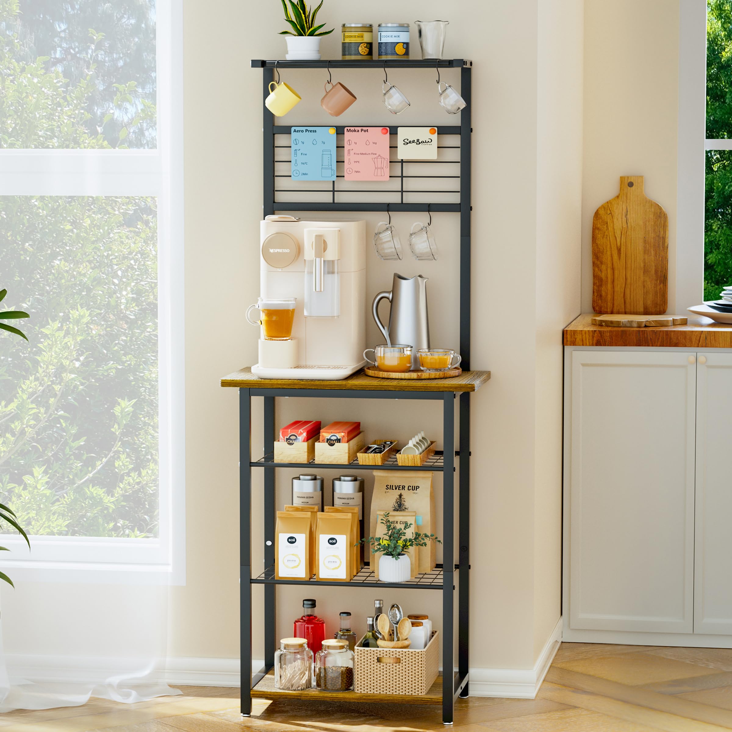 Photo 1 of BUTUNITA Coffee Bar Station with 5 Tiers - Small Coffe Bar Kitchen Shelf with 4 S-Shaped Hooks - Corner Storage Baker's Rack for Small Spaces, Entryways, and Living Rooms